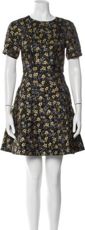 Ted Baker A-Line Dress Black & Metallic Floral Print Embroidered Accent Short Sleeve with Crew Neck Exposed Zip Closure at Back Designer size 0. Designer