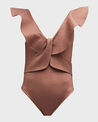【JOHANNA ORTIZ】golden beaches ruffled llic swimsuit Johanna Ortiz Golden Beaches Ruffled Metallic Swimsuit In