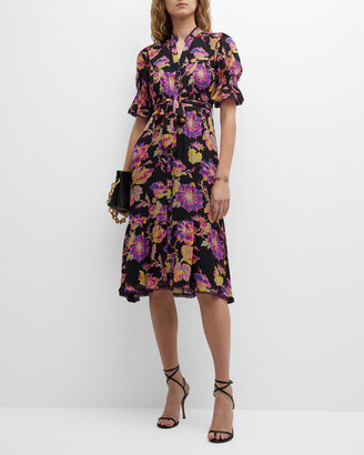 Diane von Furstenberg Peach Floral-Print Puff-Sleeve Midi Dress