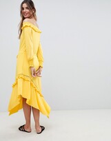 Thumbnail for your product : ASOS DESIGN DESIGN Off Shoulder Shirred Cuff Midi Tea Dress