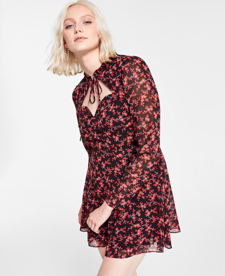 Mesdames Floral Printed Wrap Over v-neck Tie Waist Midi robe plongeant manches courtes 