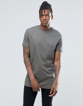 ASOS Longline T-Shirt With Splatter Print In Khaki