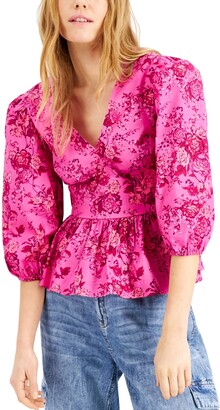 INC International Concepts Petite Puff-Sleeve Printed Blouse, Created for Macy's