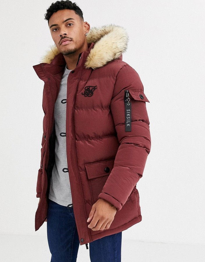 SikSilk puffer parka jacket with faux fur hood in burgundy - ShopStyle