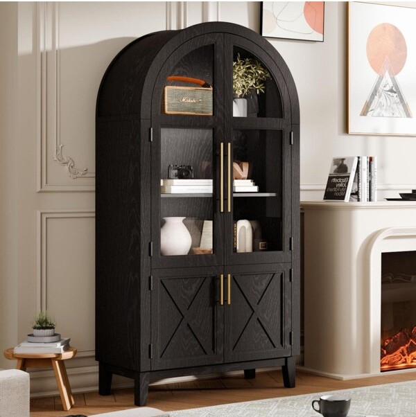 SEVOBALUtilityStorageCabinets74InchArchedDisplayCabinetwithGlassDoorsAntiqueBrassHardwareforLivingRoomBlack53.94\