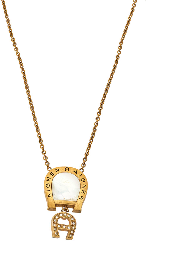 Aigner Gold Tone Mother of Pearl Crystal Logo Pendant Necklace - ShopStyle
