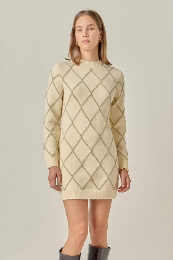 ENGLISH FACTORY Women's Knit Dress Featuring a Lurex Argyle Pattern