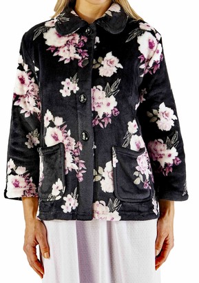 Slenderella Ladies 3/4 Sleeve Black Floral Soft Fleece Large Button Up Bed Jacket With Patch Pockets Small 10 12