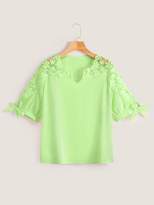 Thumbnail for your product : Shein Plus Guipure Lace Knot Cuff Neon Lime Blouse