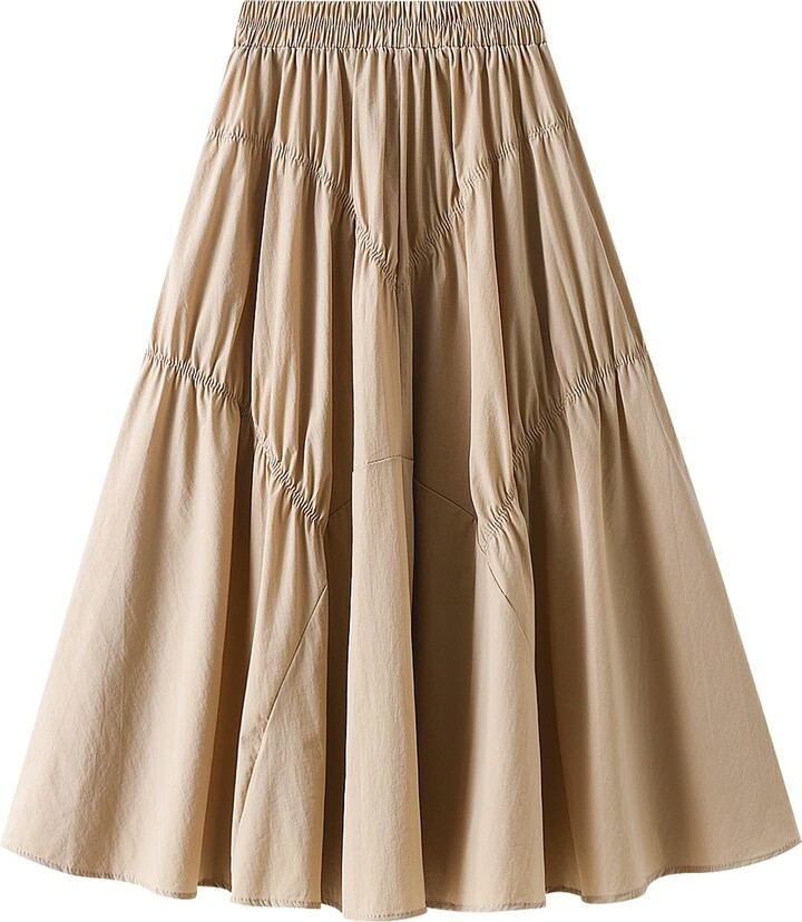 FEOYA A Line Flared Midi Skirt for Women Elastic Waist Ruched Skirt Solid  Color Long Layered Flowy Swing Skirt Tiered Plain Pull On Skirts Vintage  Retro Pleated Skirt Spring Summer B Apricot
