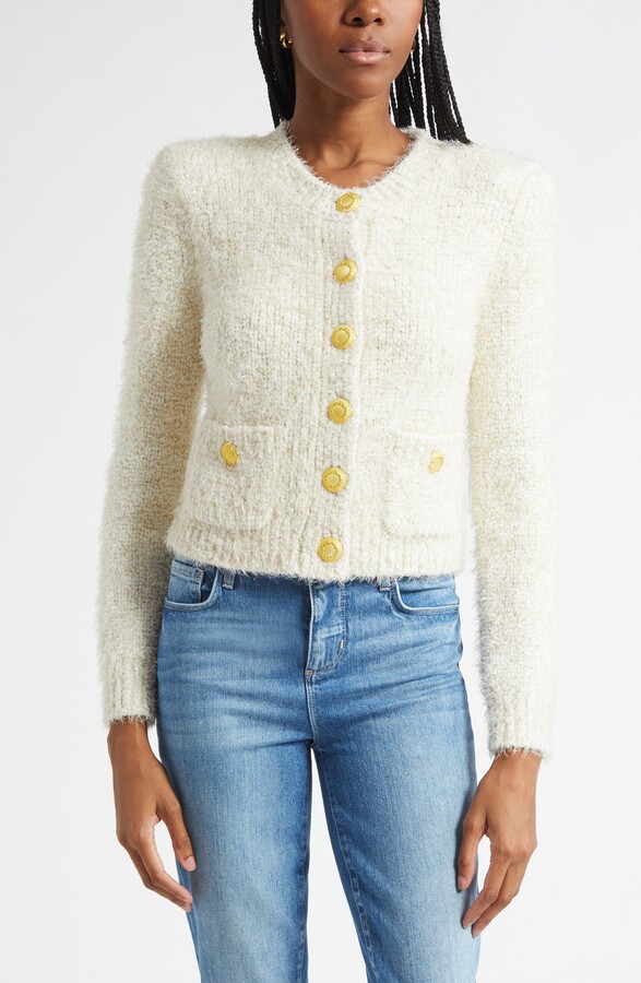 L'Agence Una Crop Eyelash Tweed Cardigan