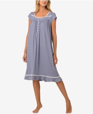 Eileen West Braid-Trimmed Striped Cotton Knit Waltz-Length Nightgown