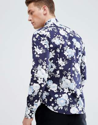 Moss Bros Extra Slim Shirt In Navy With Floral Print