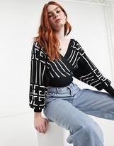 Thumbnail for your product : Qed London cropped wrap front jumper in monochrome stripe