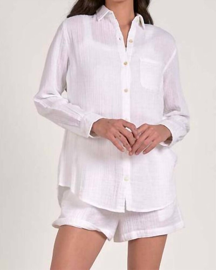 Elan International Long Sleeve Button Down Shirt In Off White