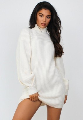 Missguided Cream Turtle Neck Tuck Sleeve Knit Sweater Dress
