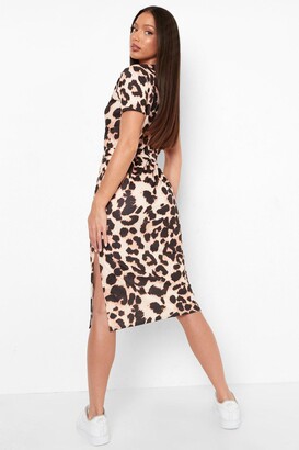 boohoo Tall Side Split Belted Leopard T-shirt Dress