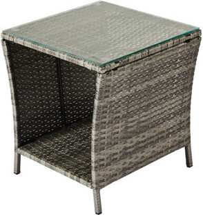 Ebern Designs Grey Outdoor Patio Wicker Side Table: Square Glass-top End Table With Storage Shelf For Garden & Porch