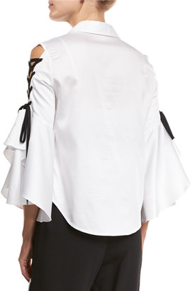 Jonathan Simkhai Lace-Up Bell-Sleeve Poplin Shirt