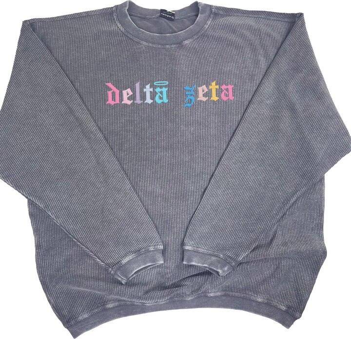 Go Greek Chic Delta Zeta Corded Crewneck Sweatshirt - Embroidered Old English Font (Large) Grey