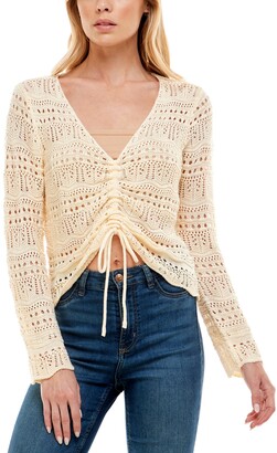 Freshman Juniors Ribbed Lace-Inset Sweater Sage Garden, L