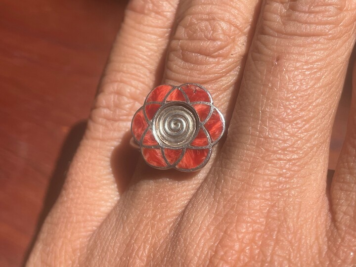 Etsy Adjustable Silver Red Flower & Pachamama Ring