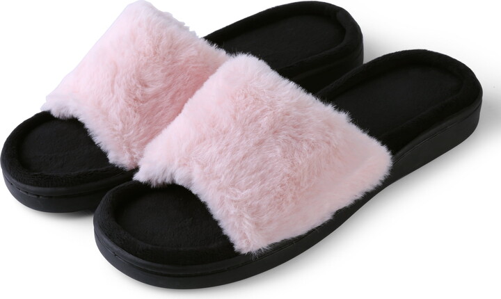 Women’s Light And Fluffy Soft Plush Sandal Slippers with No-Slip Rubber Sole For Indoor, Outdoor, Spa Use (Pink)