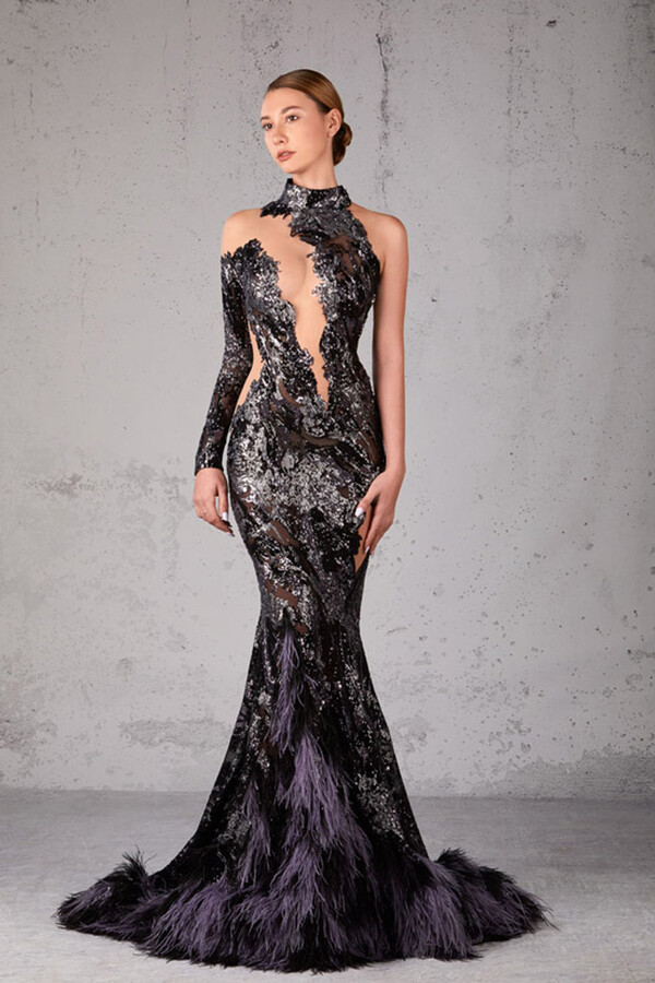 Jean Fares Couture Feathered Embellished Mermaid Gown - ShopStyle ...