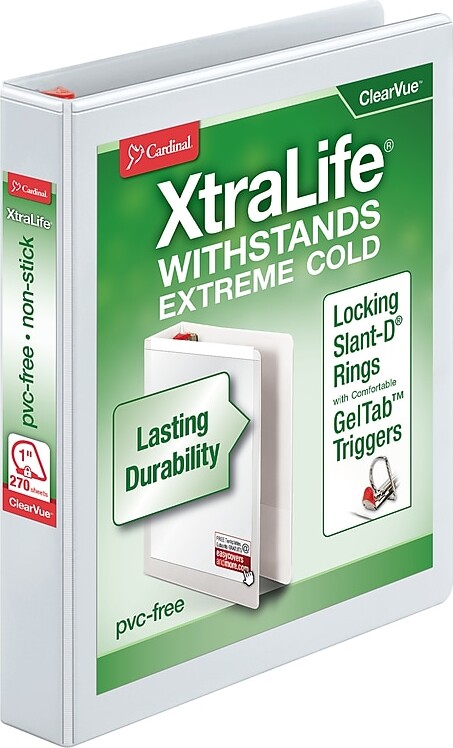 Cardinal XtraLife ClearVue Heavy Duty 1" 3-Ring View Binders, D-Ring, White (26300CB)
