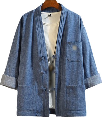 Kelsiop Men's Soft Blue Denim Kimono Jacket Embroidered Pattern Japanese  Style Stand Collar Denim Jacket Blue L - ShopStyle