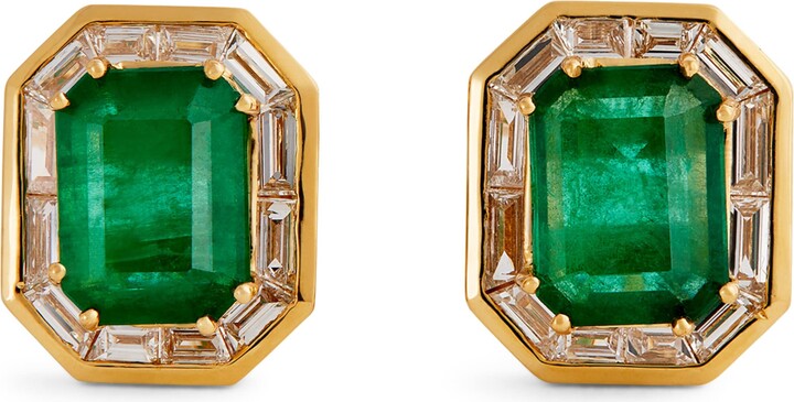 Shay Yellow Gold, Diamond and Emerald Halo Stud Earrings