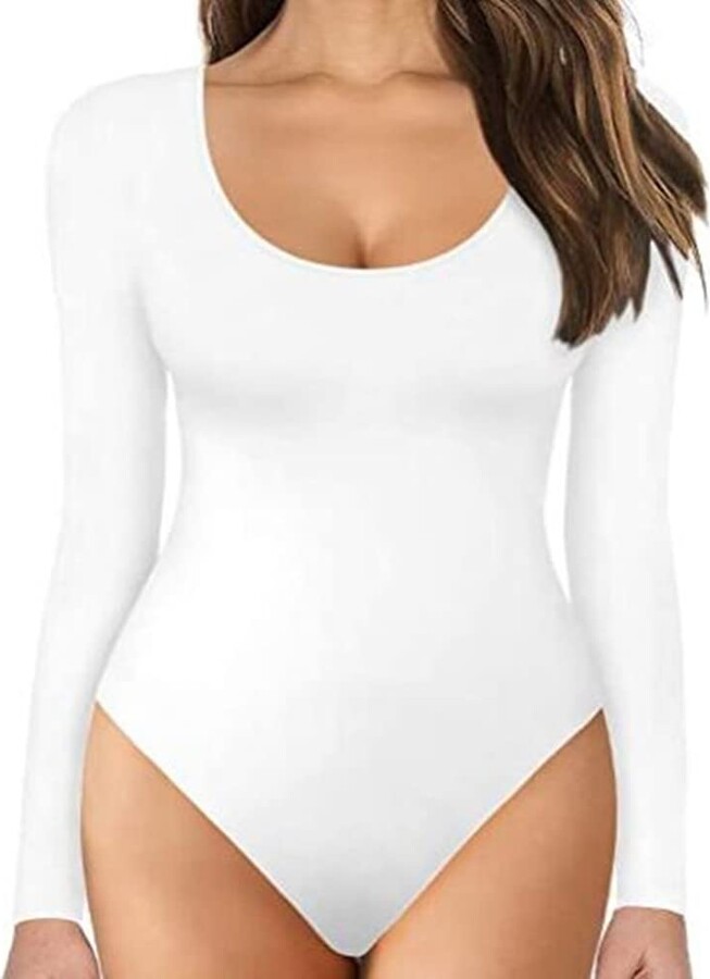 TOEECY Bodysuit for Women Round Neck Long Sleeve Stretch Knit