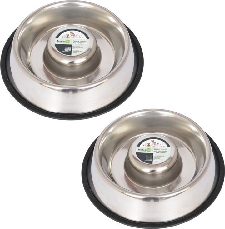 Iconic Pet Slow Feed Stainless Steel Dog & Cat Bowl, 2 count, Medium