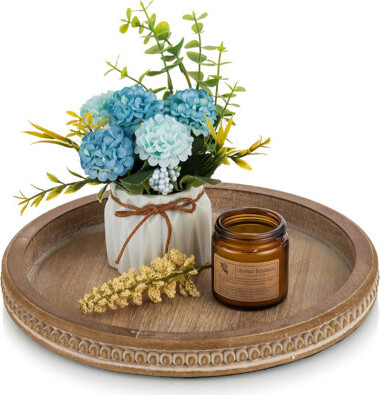Ophelia & Co. Decorative Serving Tray Wood: Washed Bead Round Tray Decor For Coffee Table Rustic Wooden Trays Farmhouse Centerpiece For Living Room Kitchen Counter