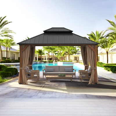 LUE BONA 14' X 12' Hardtop Gazebo, Outdoor Pergola Metal Roof Gazebo With Wooden Frame, Patio Gazebo Canopy