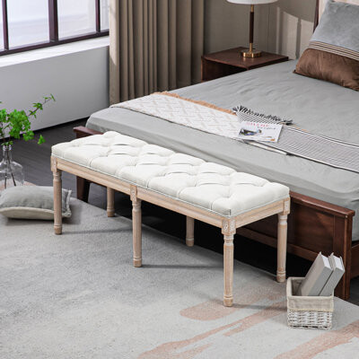 Cream White Bedroom Footstool, 46" Upholstered, French Vintage Inspired For A Comfy Bench In White, Upholstered With Details Captivating Decor