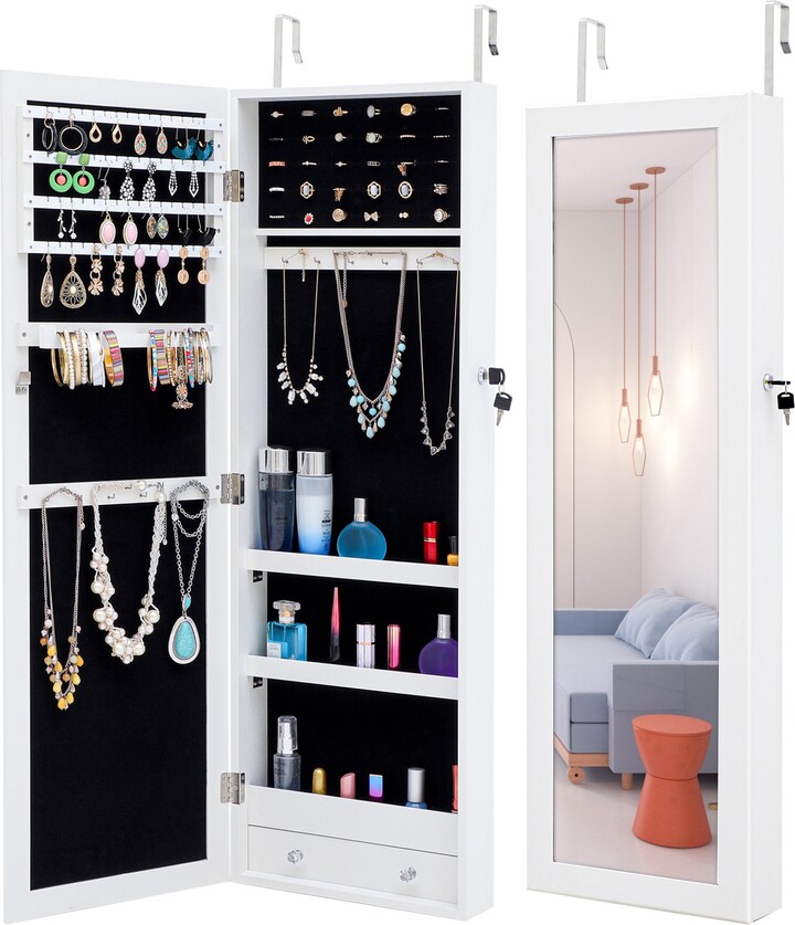 Lvifur Jewelry Armoire Organizer White Wall/Door Mounted Fashion Jewelry Organizer Lockable Borderless Jewelry Cabinet 