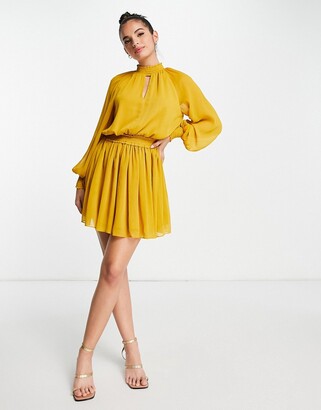 Ever New 70s keyhole long sleeve mini dress in mustard