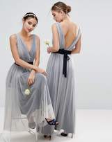 Thumbnail for your product : ASOS Design Bridesmaid Mesh Maxi Dress With Navy Ribbon Strapping Detail