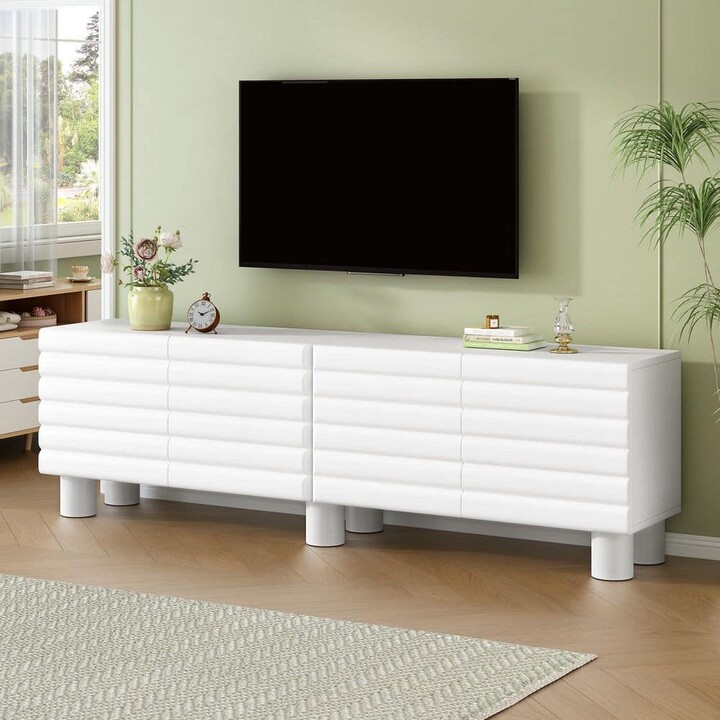 Harper&Bright Designs Thick Wavy Door White TV Stand Fits TVs up to 75 in. with Cylindrical Legs, Cable Management Holes