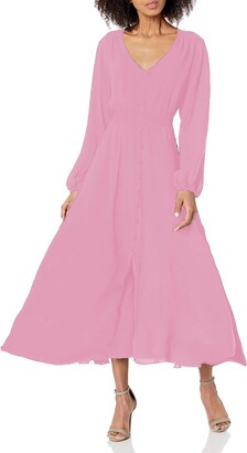 MIAMINE Women's Long Sleeve Maxi Dress Casual Solid Elegant Slit V Neck Empire Waist Spring Fall Dresses with Pockets (Navy