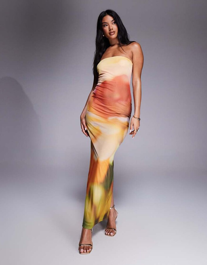 Rare London mesh bandeau maxi dress in orange blurred flower print