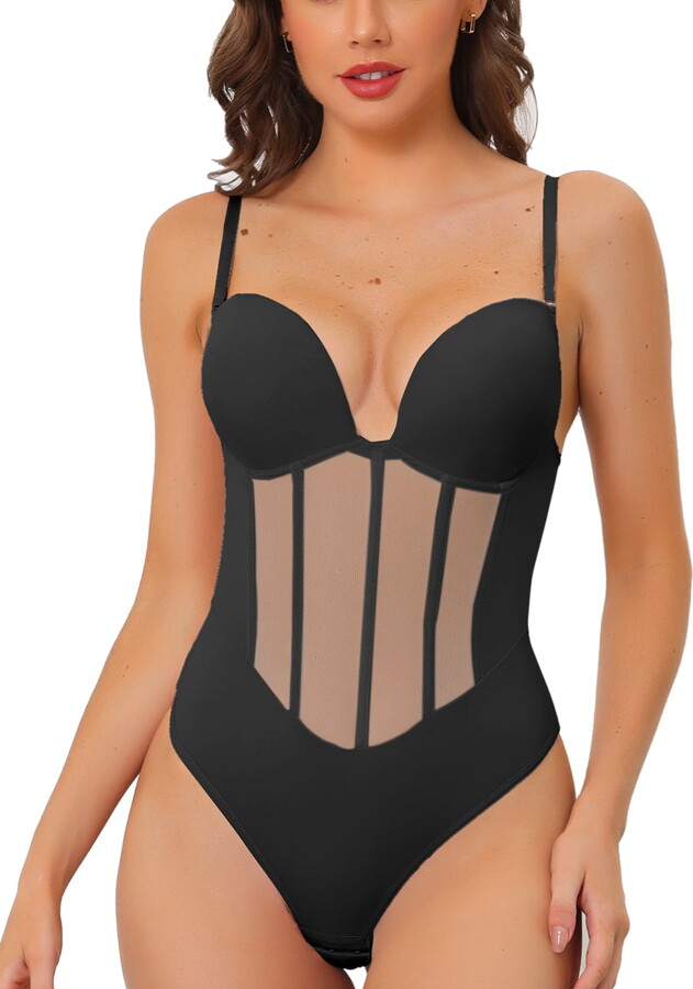 Unique Bargains Women’s Mesh Panel Leotard Bodysuit Shapewear Thong with Straps S Black