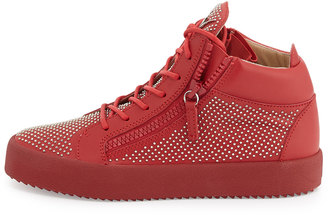 Giuseppe Zanotti Men's Studded Leather Mid-Top Sneaker, Red