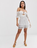 Thumbnail for your product : ASOS Petite DESIGN Petite bardot mini dress in broderie lace with circle trim detail