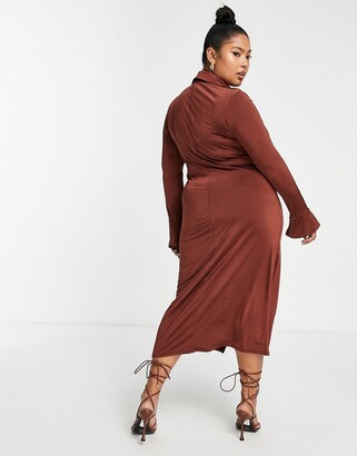 ASOS Curve Curve slinky slim fitted midi shirt dress with ruching in brown