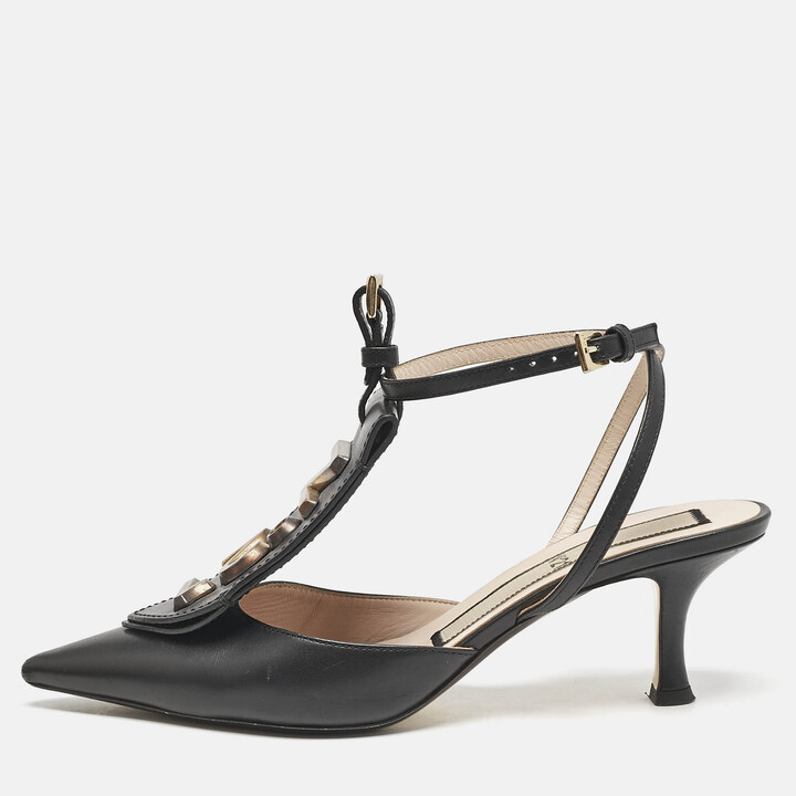N°21 N21 Black Leather Logo Pointed Toe Ankle Strap Pumps Size 38