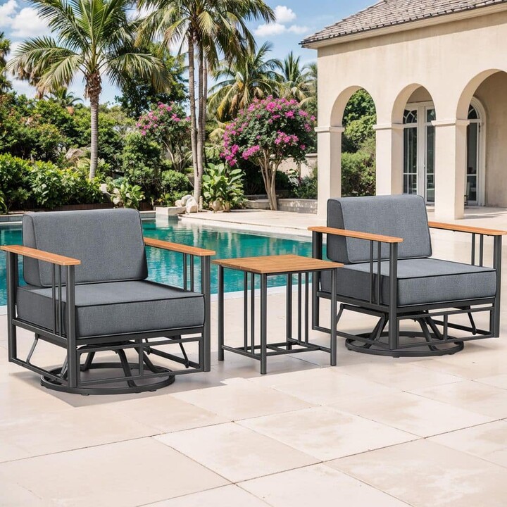 Pocassy Minimalism Metal 3-Pieces Black Outdoor Patio Conversation Rocking Chair Swivel Glide with Table and Dark Gray Cushions