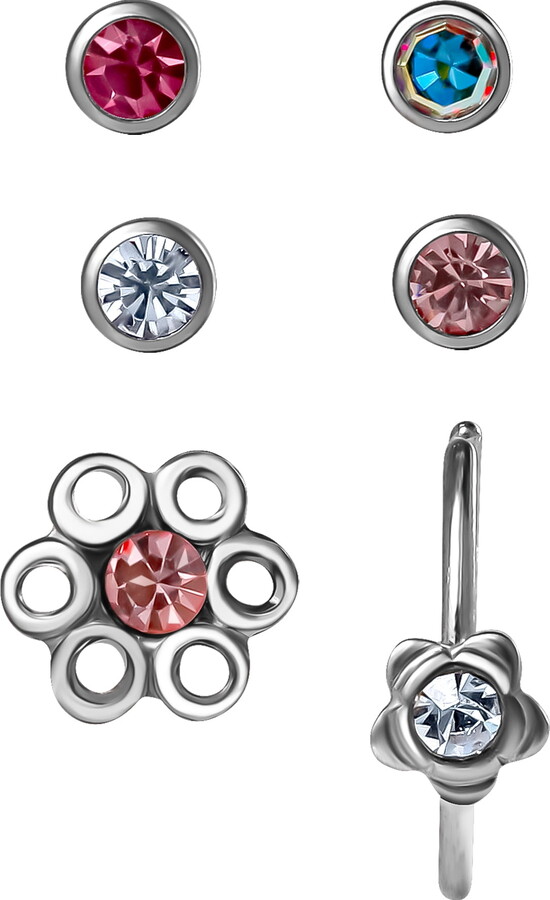 Body Jewelry Women's 16G Surgical Steel Crystal Flowers Nose Studs & Hoop in Pink, 6 Pack