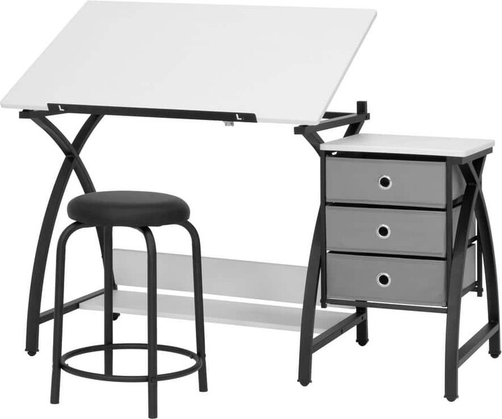 Studio Designs 50 in. 2-Piece Rectangular Black Comet Center Plus Writing Desk with Adjustable Top, 3-Pull-Out Drawers and Stool Black